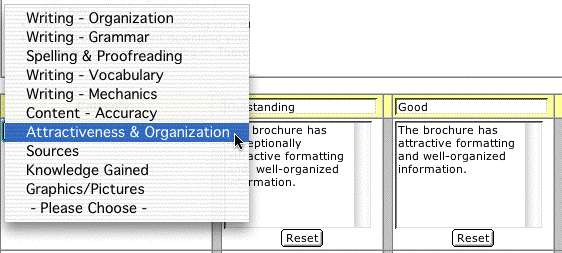 This image showing how to select a category on the rubric. The pointer is selecting Attractiveness and Organization on the drop down menu.