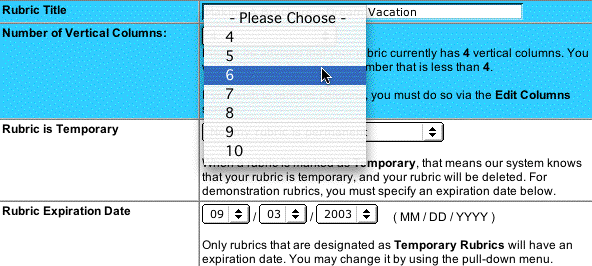 This is an image of the cursor selecting the number six from the drop down menu so that there will be six columns on the rubric.