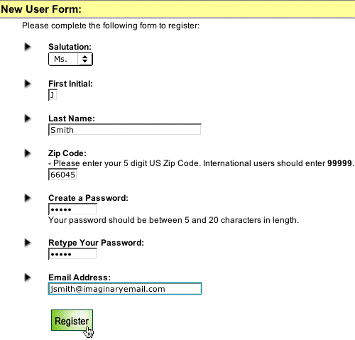 This is an image of the New User form, which says Ms. J Smith with the zip code of 66045 and the email address jsmith@imaginaryemail.com would like to register.