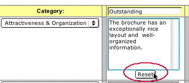 This image shows that the Reset button is located underneath each category box on the rubric template.