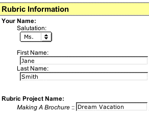 This image shows that the salutation is set on Miss, the first name is Jane, the last name is Smith and the rubric project name is Dream Vacation.